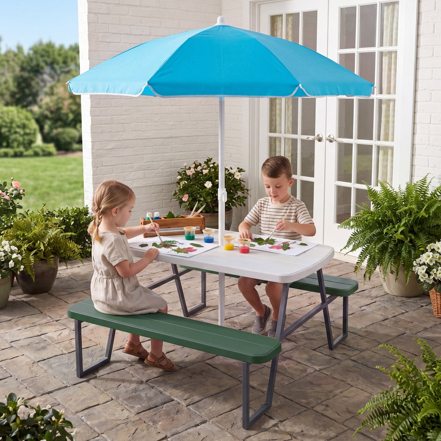 Blue kids picnic table with attached benches for four, made of durable toddler and kids furniture by Direct by Wilsons Home Store.