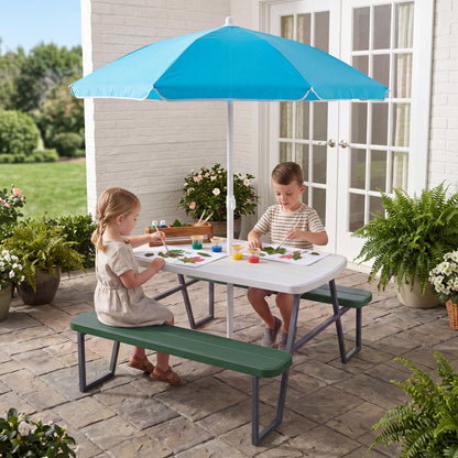 Blue kids picnic table with attached benches for four, made of durable toddler and kids furniture by Direct by Wilsons Home Store.