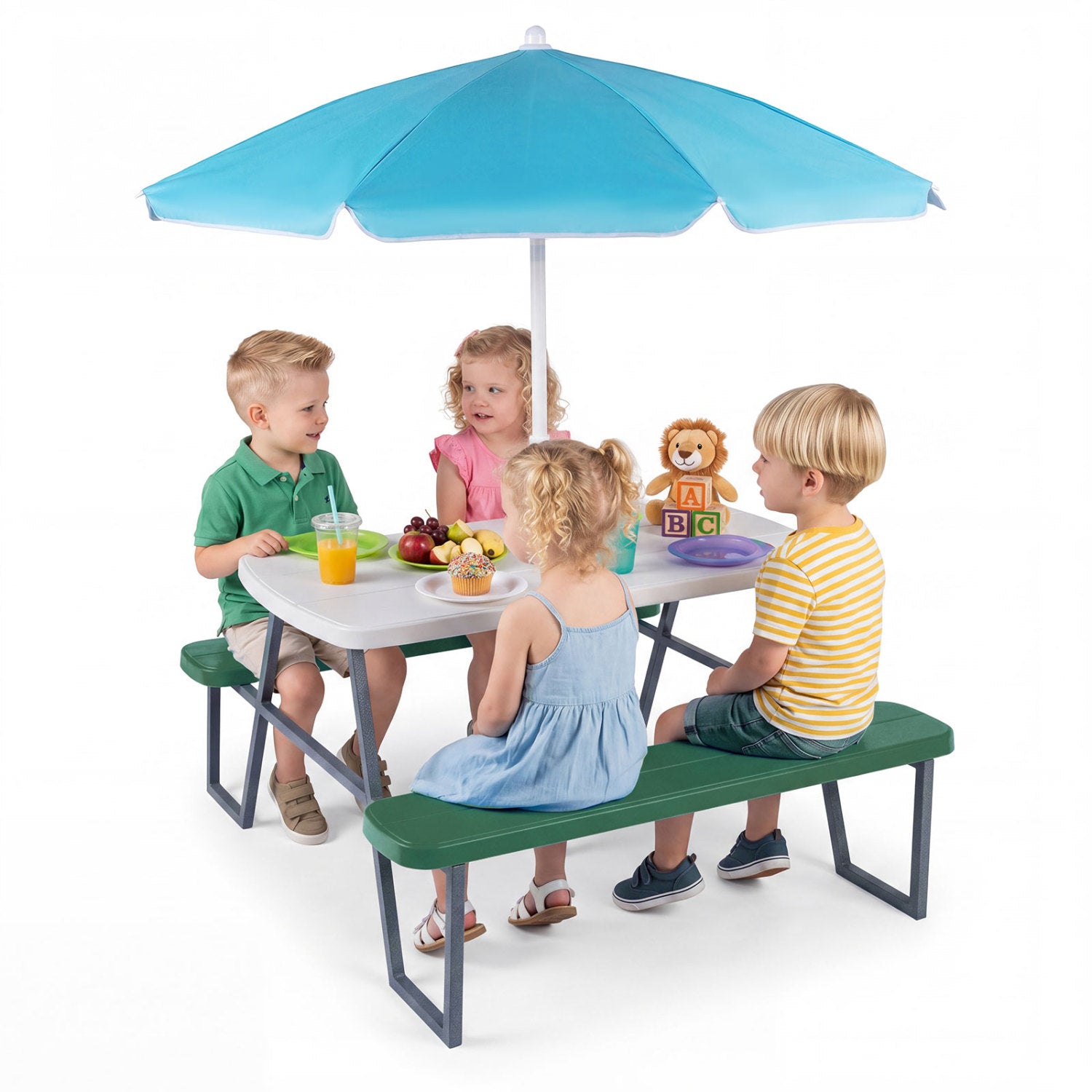Blue kids picnic table with attached benches for up to four children, designed for toddler and kids outdoor furniture.