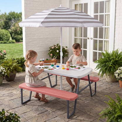 Blue kids picnic table with attached benches, designed for toddlers and children, perfect for outdoor play and family gatherings.