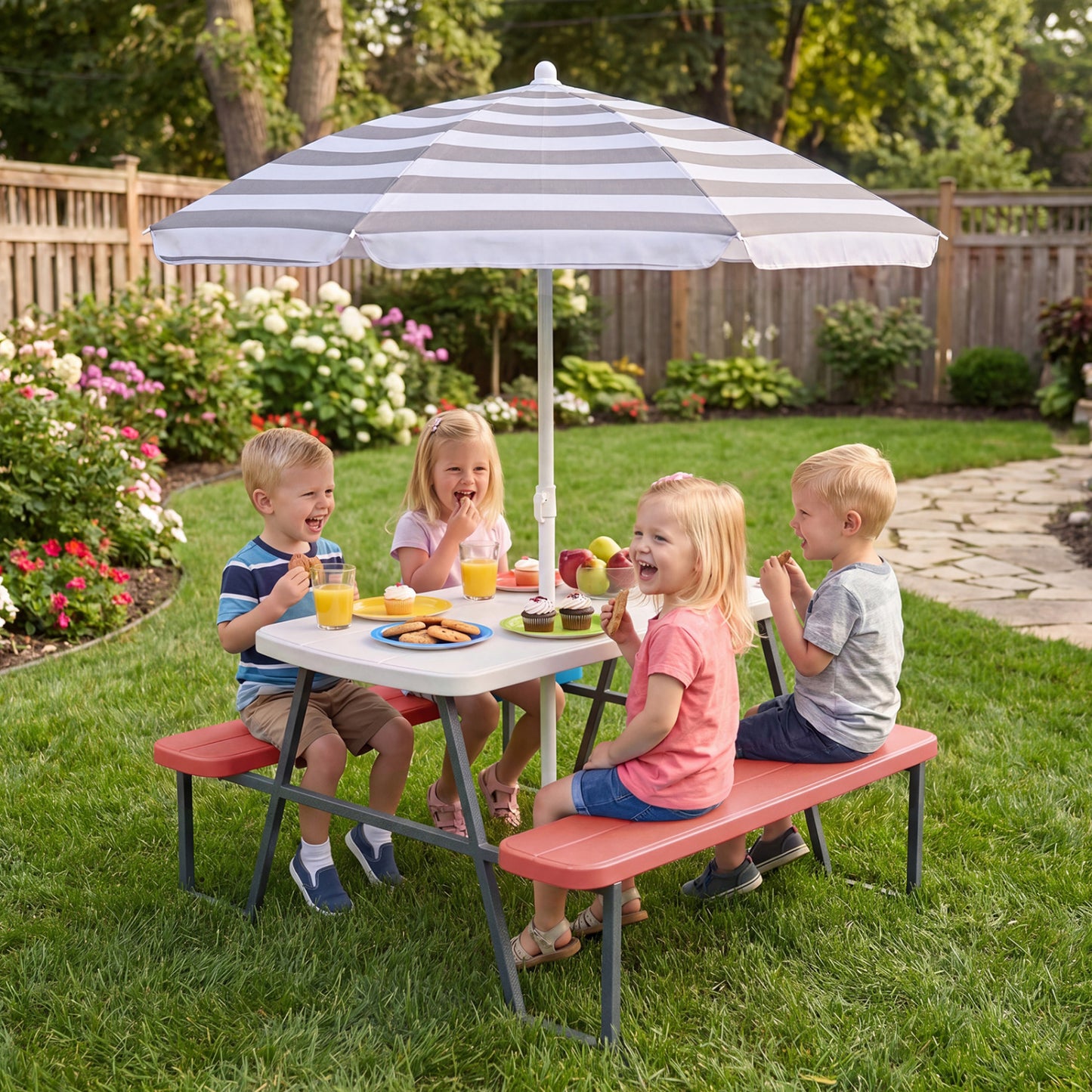 Blue kids picnic table with attached benches, suitable for up to four children, made of sturdy toddler and kids furniture material.