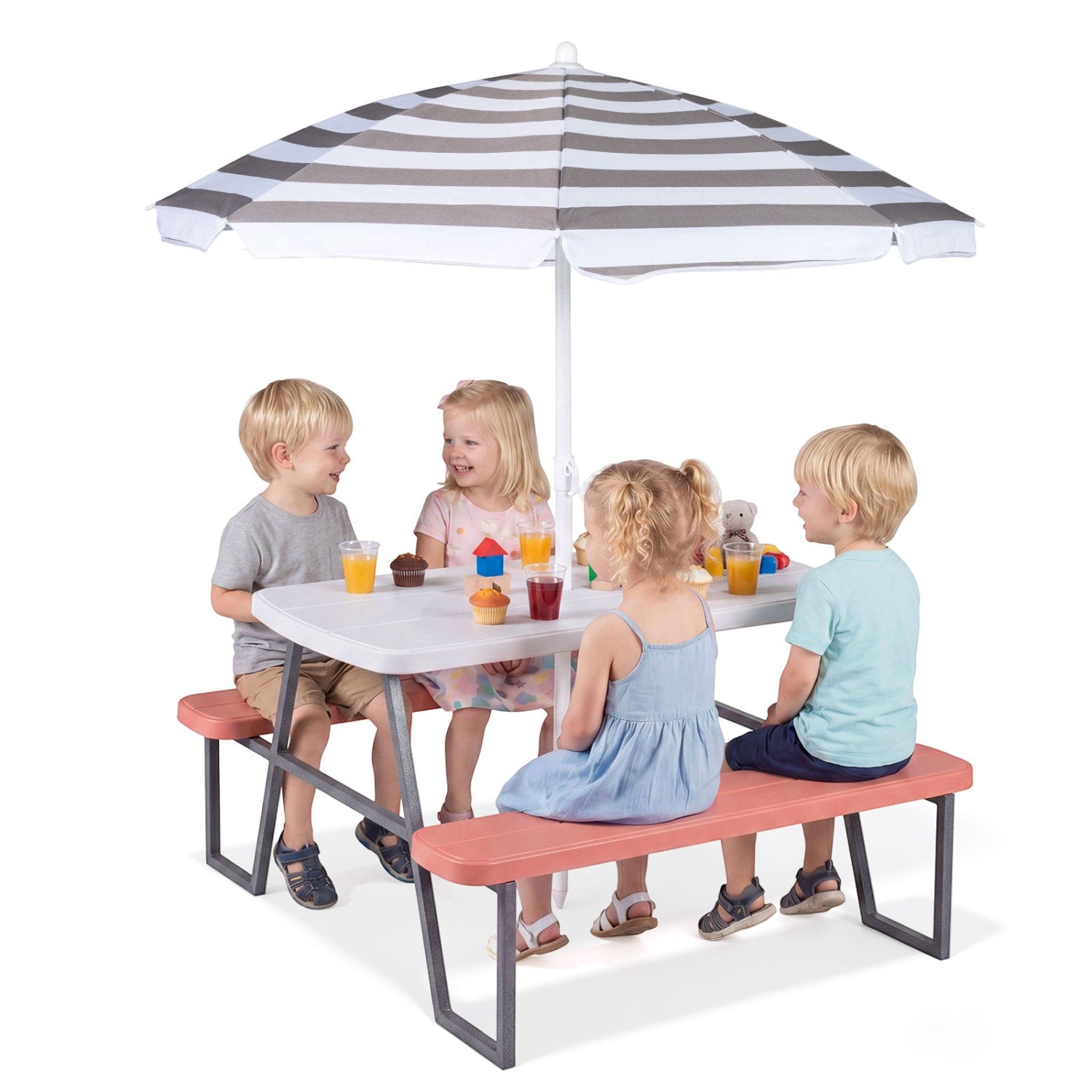 Blue kids picnic table with attached benches for up to 4 children, designed for toddler and kids outdoor furniture.