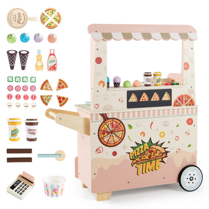 Kids Pizza Food Truck Wooden Pretend Play Snack Cart with Oven-Pink