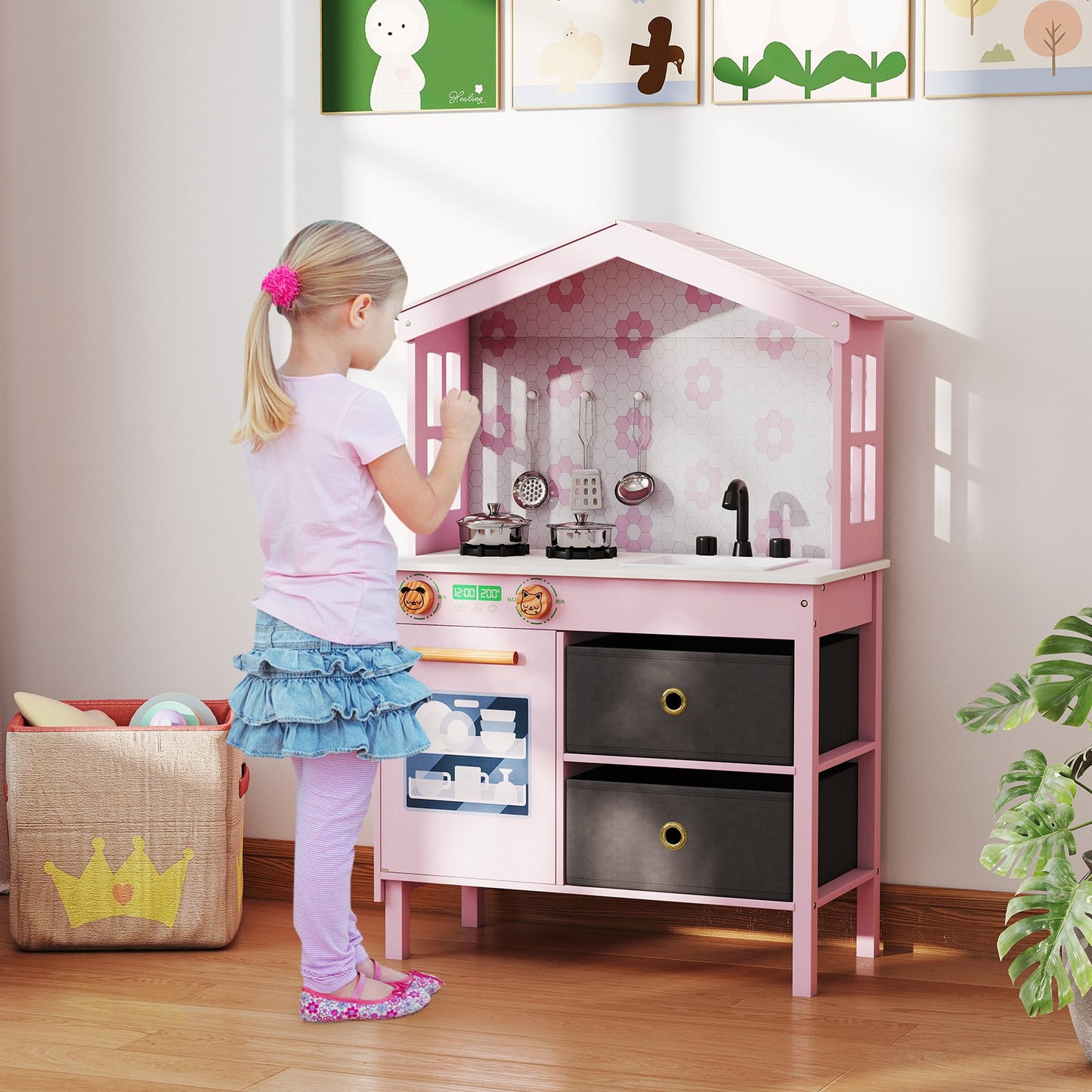Kids Play Kitchen Children Toy Kitchen Playset with 2 Stoves and Rotation Knobs-Pink
