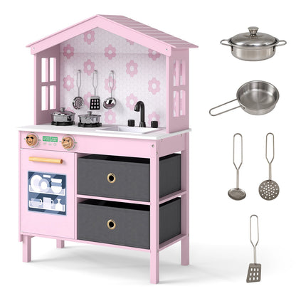 Kids Play Kitchen Children Toy Kitchen Playset with 2 Stoves and Rotation Knobs-Pink