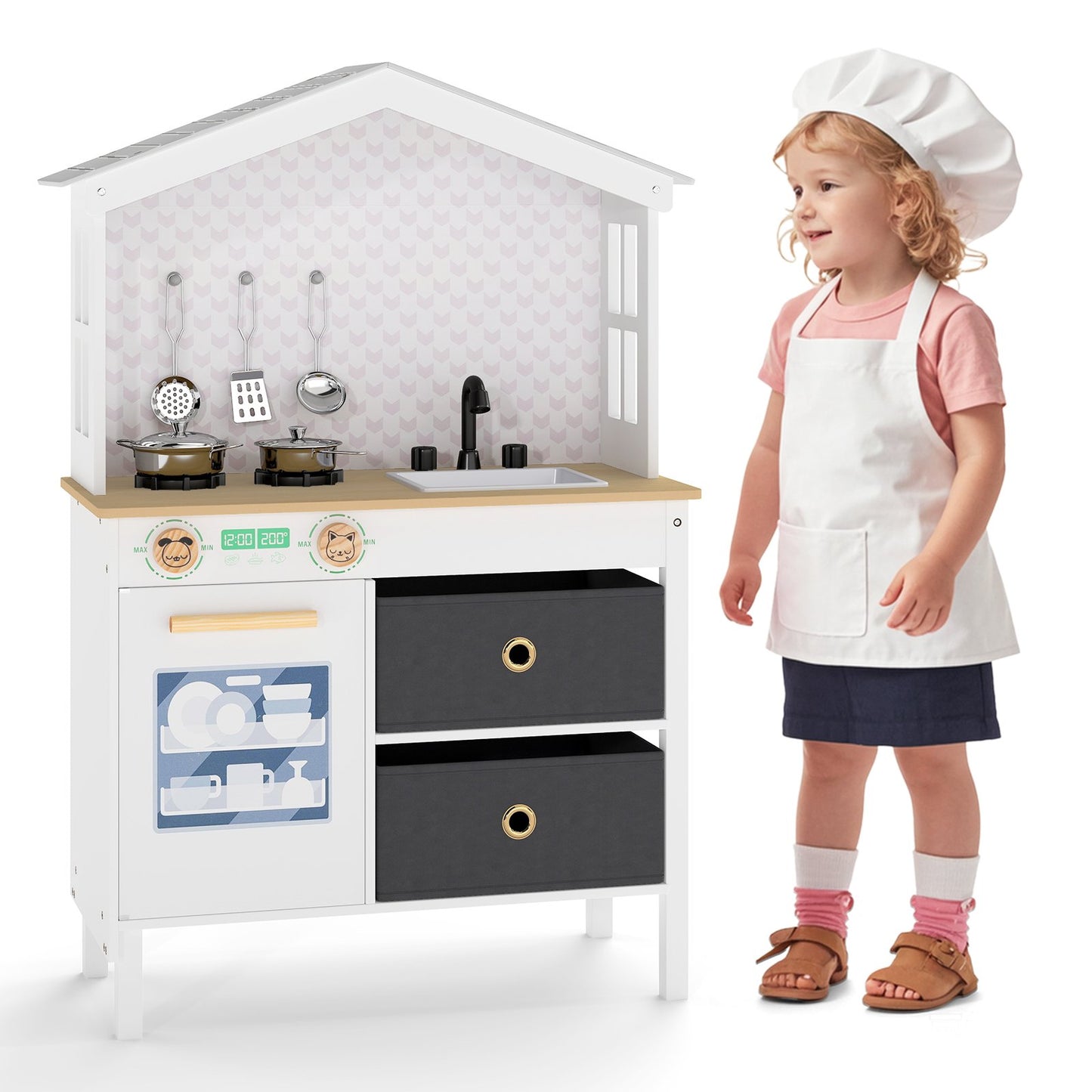 Kids Play Kitchen Children Toy Kitchen Playset with 2 Stoves and Rotation Knobs-Pink