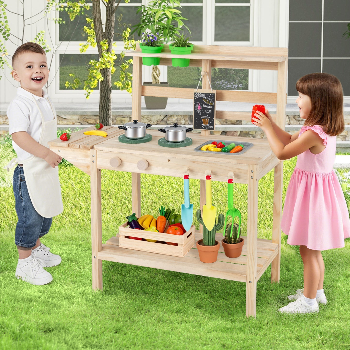 Wooden kids play kitchen set with stoves, designed for boys and girls ages 3+, featuring realistic pretend kitchen accessories.