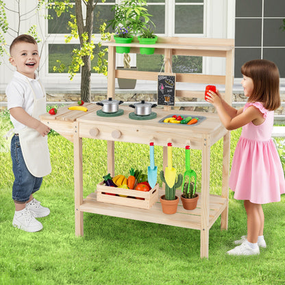 Wooden kids play kitchen set with stoves, designed for boys and girls ages 3+, featuring realistic pretend kitchen accessories.