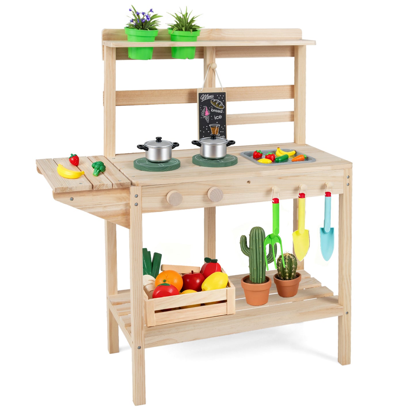 Wooden kids play kitchen set with stoves, designed for boys and girls aged 3+; natural wood finish, pretend play toy.