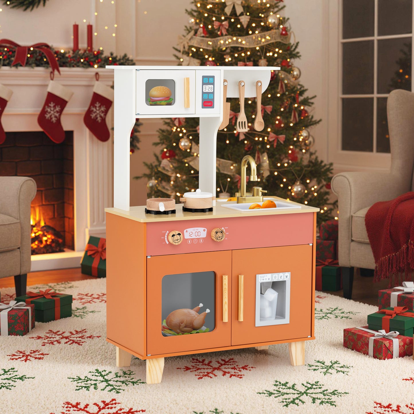 Kids Play Kitchen with Microwave and Rotation Knobs for Girls Boys Aged 3-6-Green