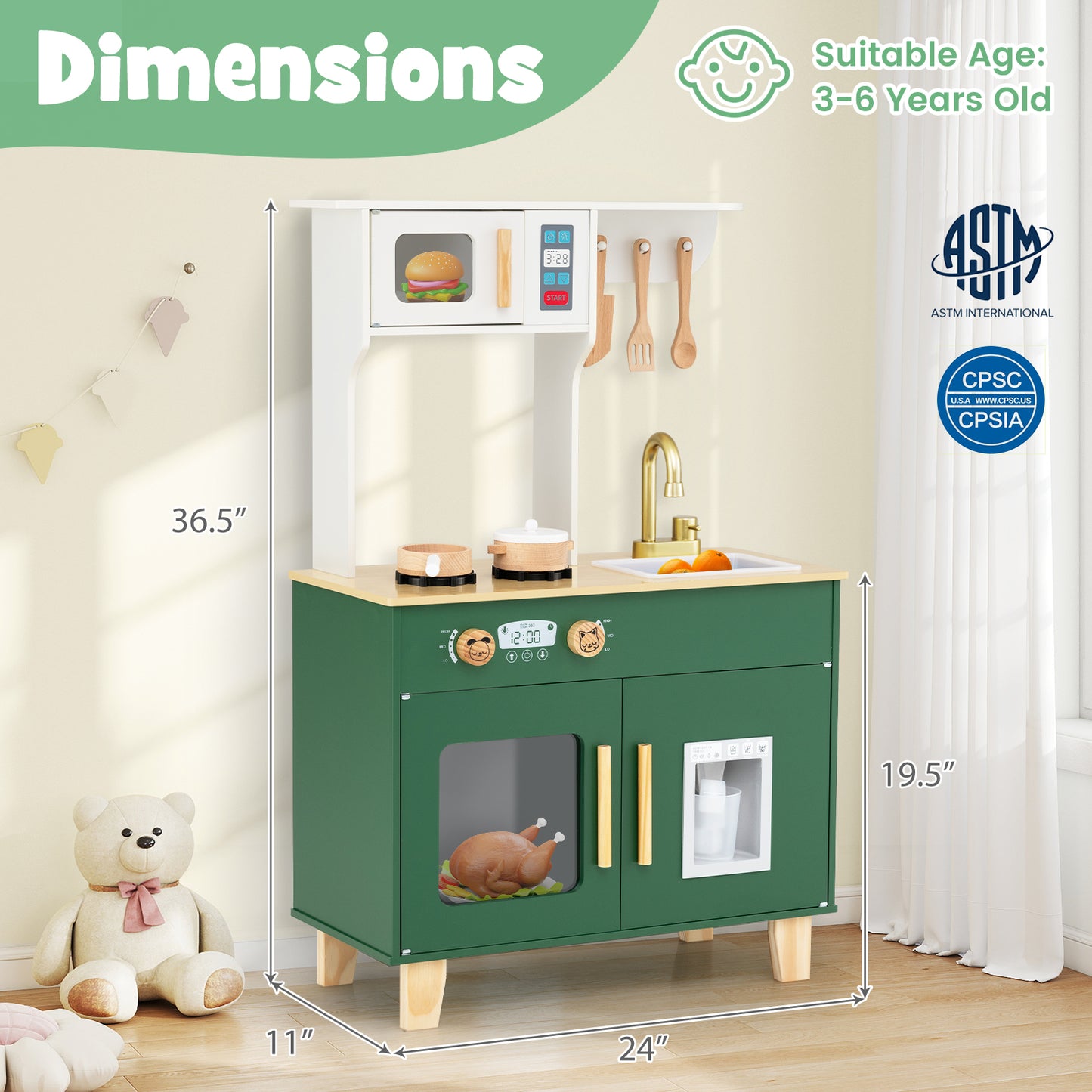 Kids Play Kitchen with Microwave and Rotation Knobs for Girls Boys Aged 3-6-Green