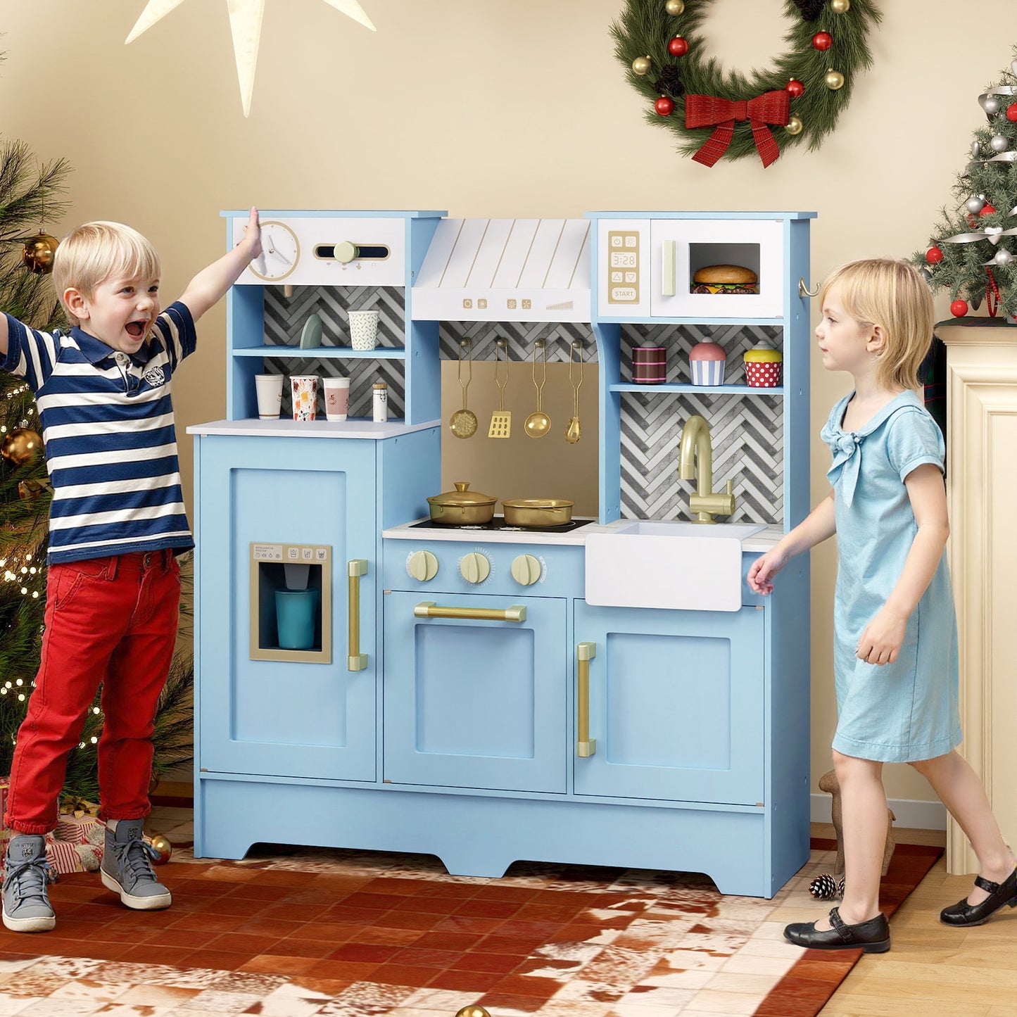 Kids Play Kitchen with Stoves and Faucet for Girls Boys Aged 3-6-Blue