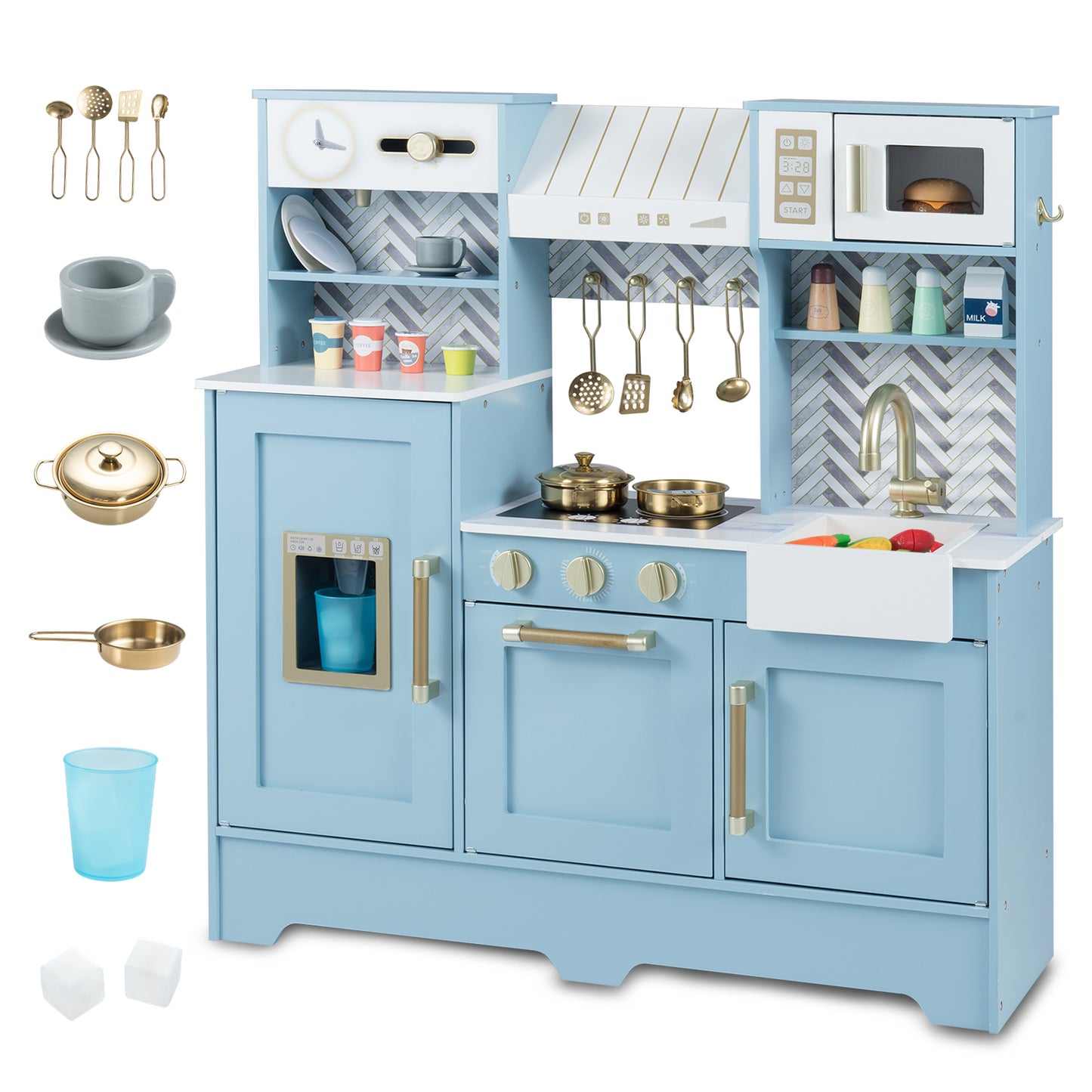 Kids Play Kitchen with Stoves and Faucet for Girls Boys Aged 3-6-Blue