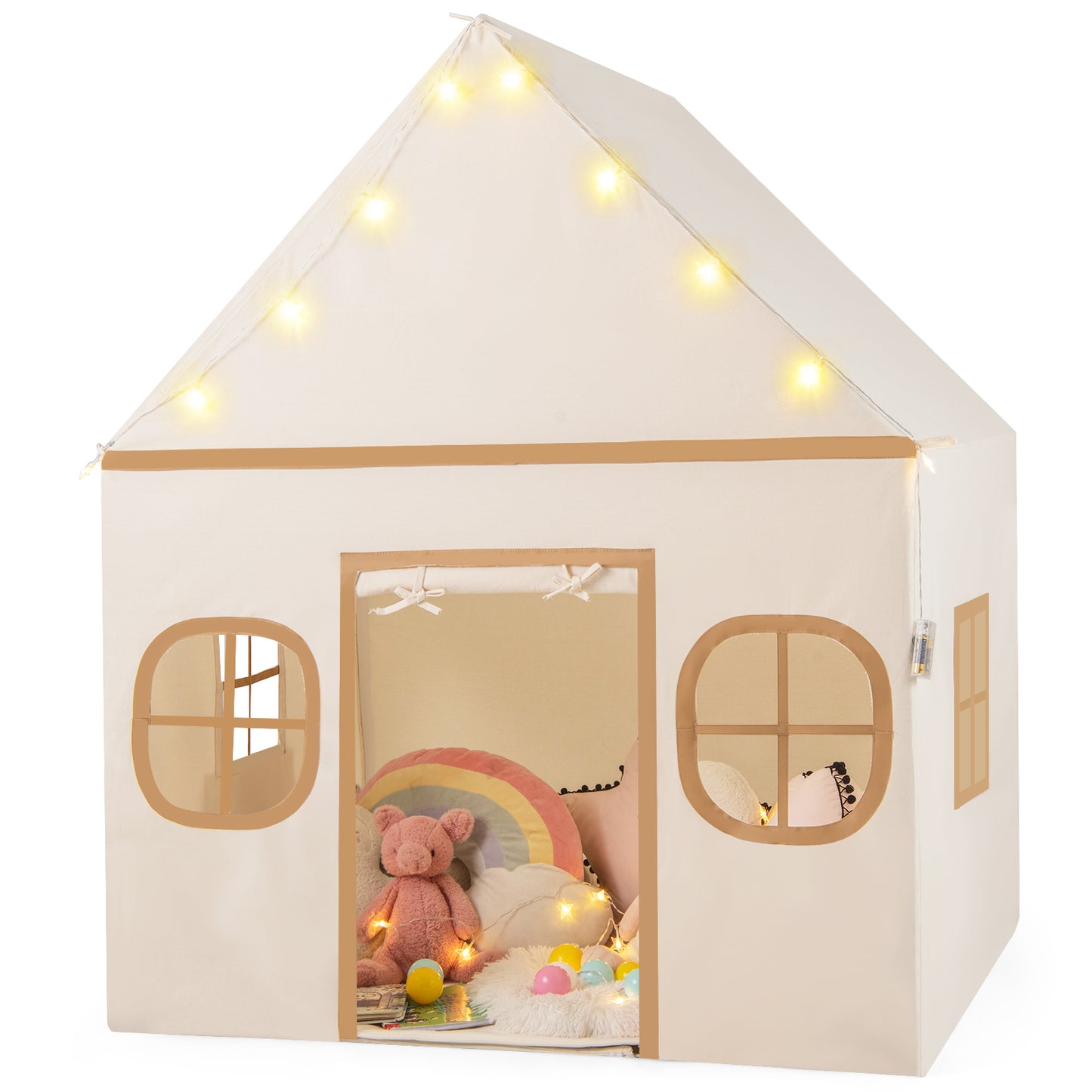 Kids Play Tent Large Playhouse with Door Curtain and Windows Star Lights-Beige