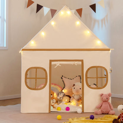 Kids Play Tent Large Playhouse with Door Curtain and Windows Star Lights-Beige