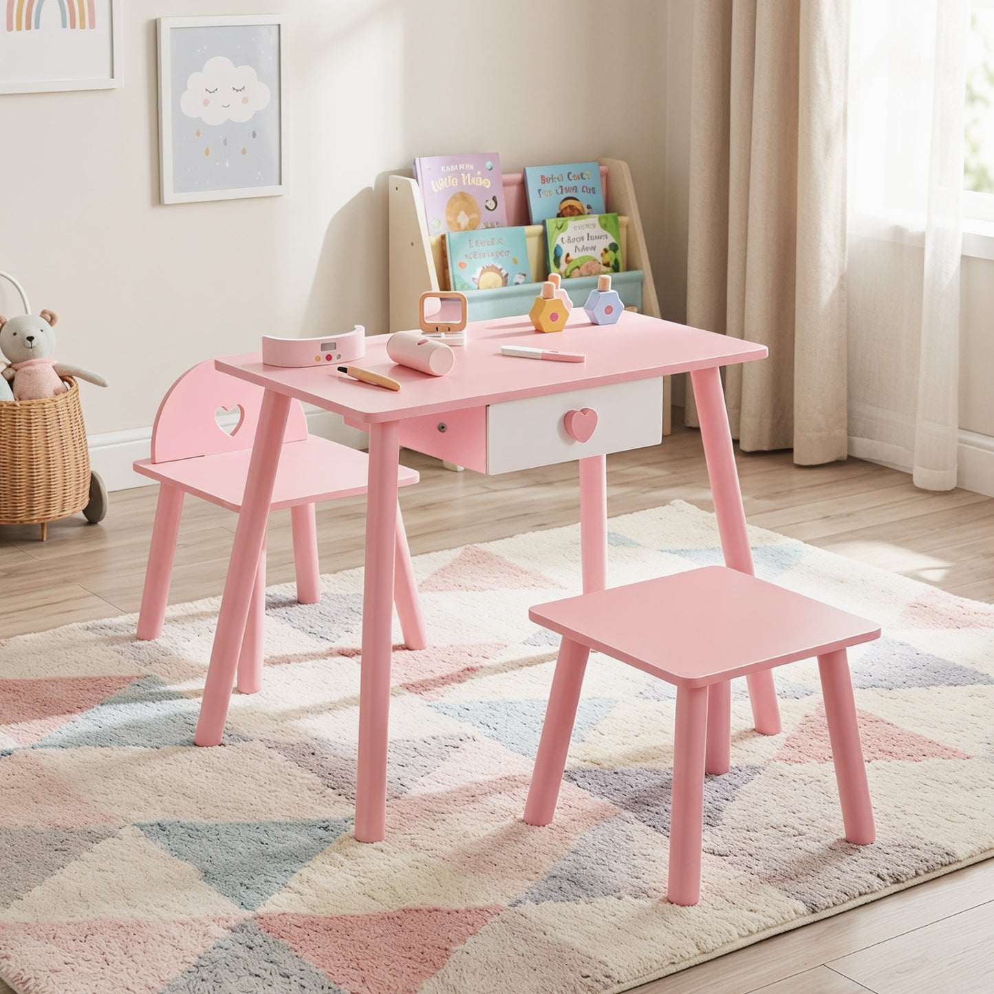 Pink kids pretend nail salon playset with wooden toddler vanity, featuring makeup accessories for imaginative play.