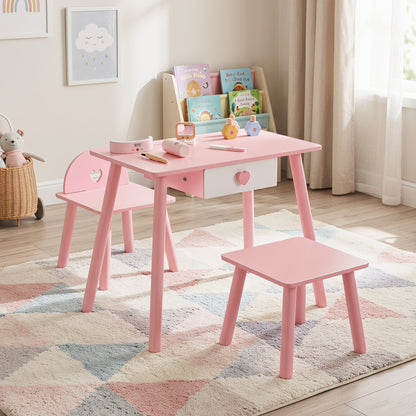 Pink kids pretend nail salon playset with wooden toddler vanity, featuring makeup accessories for imaginative play.