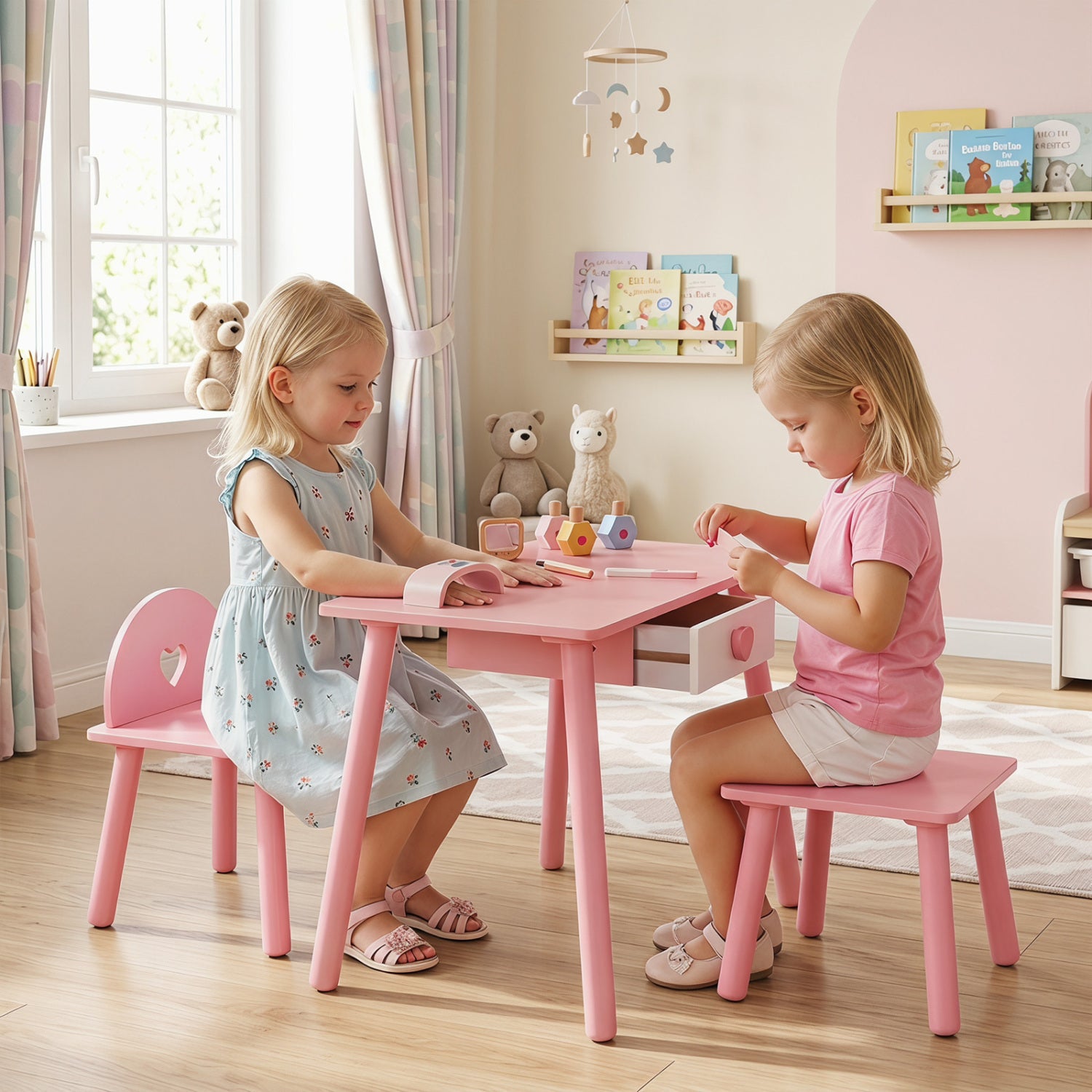 Kids pretend nail salon playset with wooden toddler vanity and pink makeup, designed for imaginative children's play.