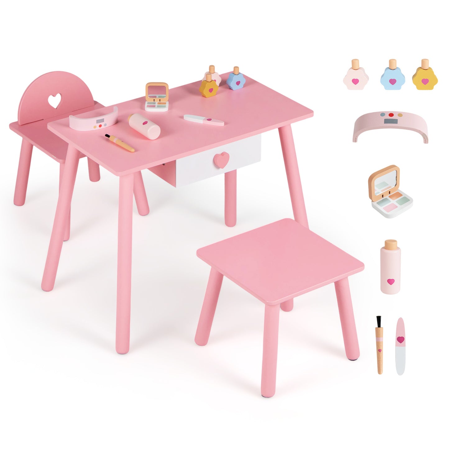 Pink kids pretend nail salon playset with wooden toddler vanity and makeup accessories, designed for imaginative play.