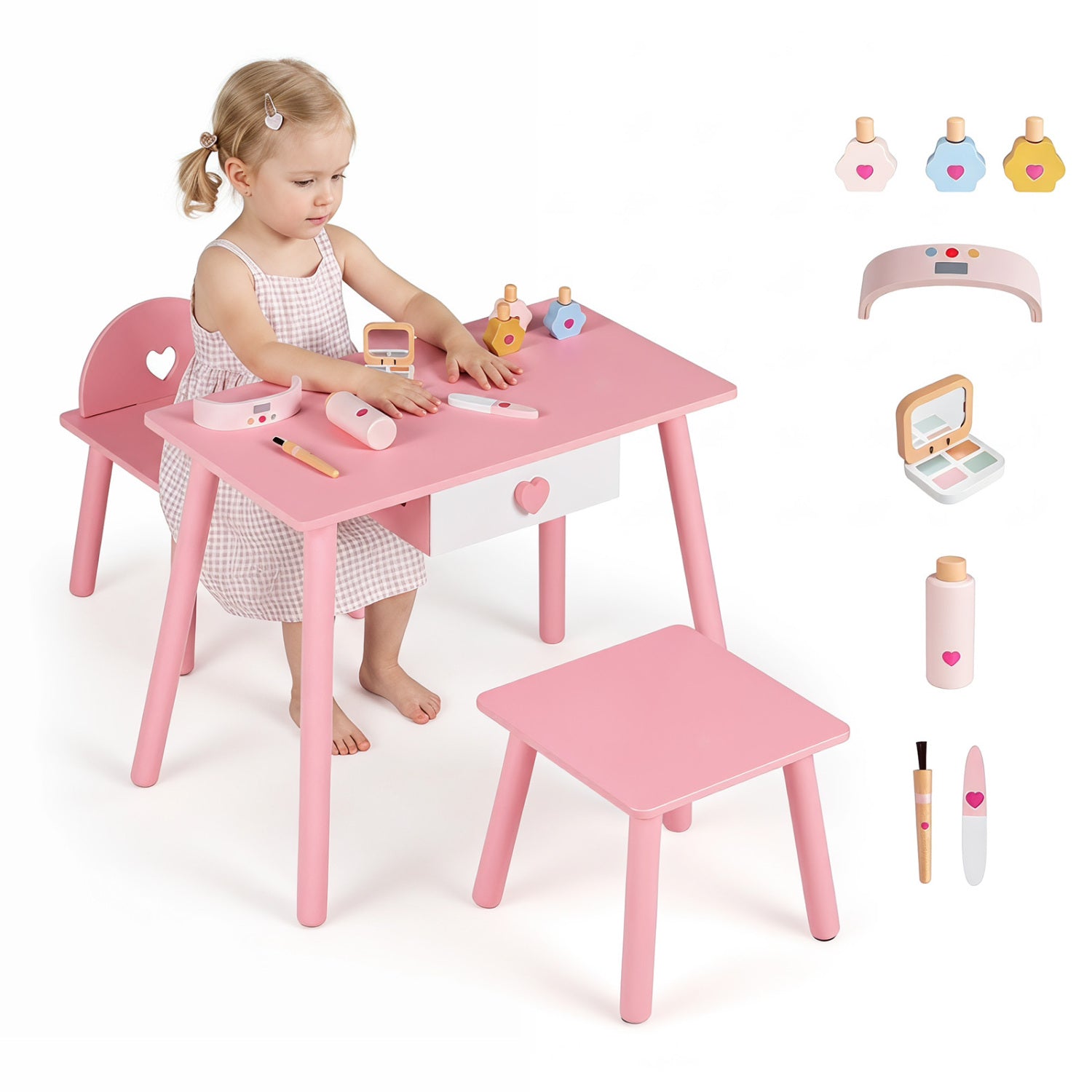 Pink kids pretend nail salon playset with wooden toddler vanity and makeup accessories, designed for imaginative kids' play.