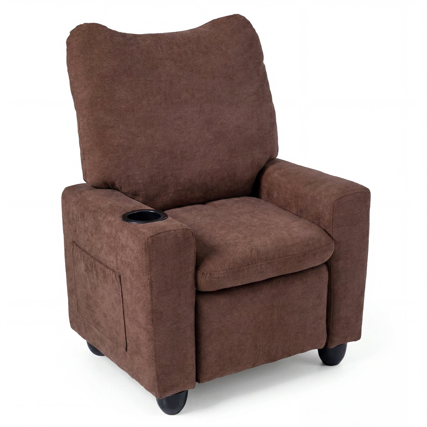 Black kids recliner chair with adjustable footrest and cup holder, designed for toddlers, featuring comfortable seating and kid-friendly design.