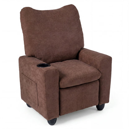 Black kids recliner chair with adjustable footrest and cup holder, designed for toddlers, featuring comfortable seating and kid-friendly design.