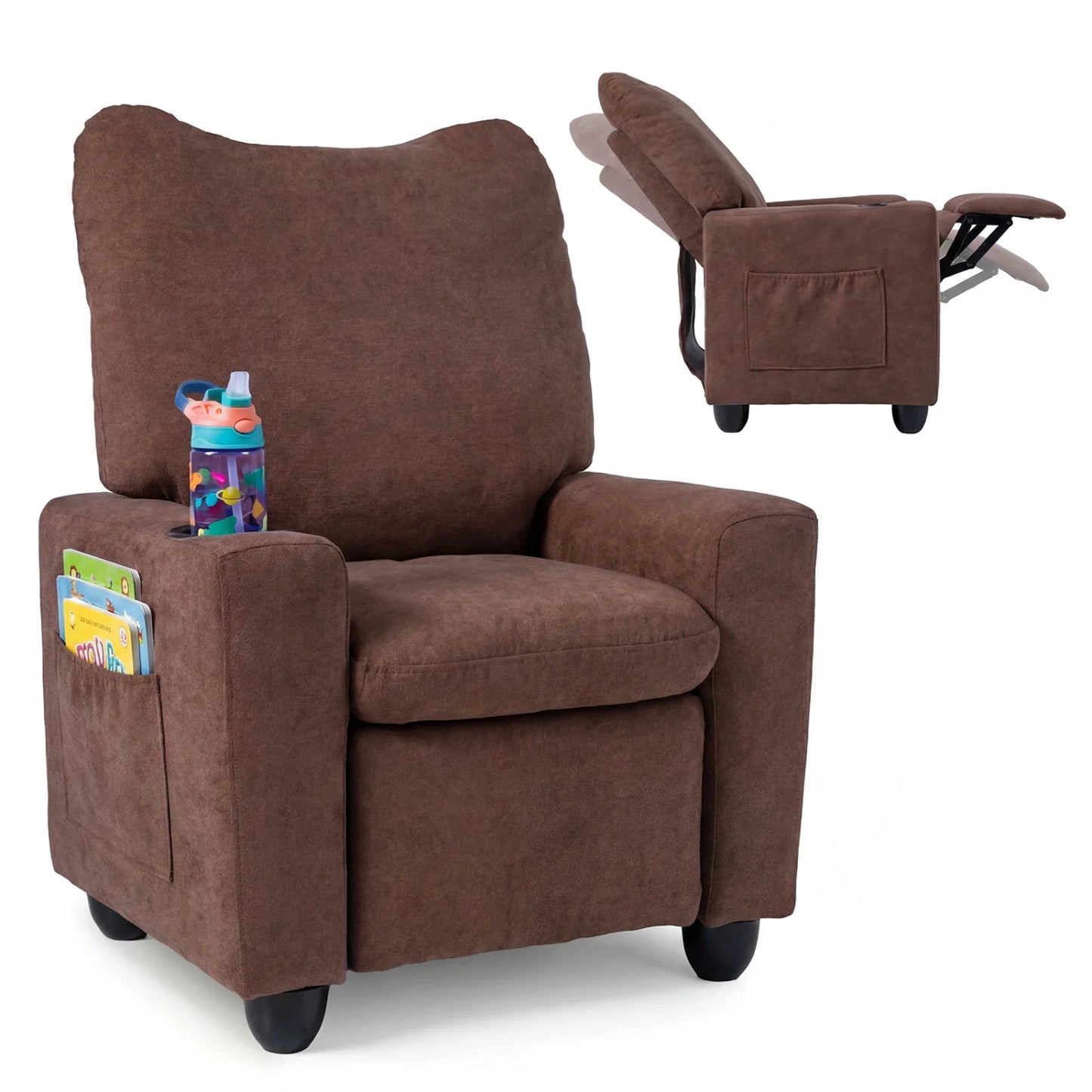 Black kids recliner chair with adjustable footrest and cup holder, designed for toddlers, featuring comfortable seating and kid-friendly design.