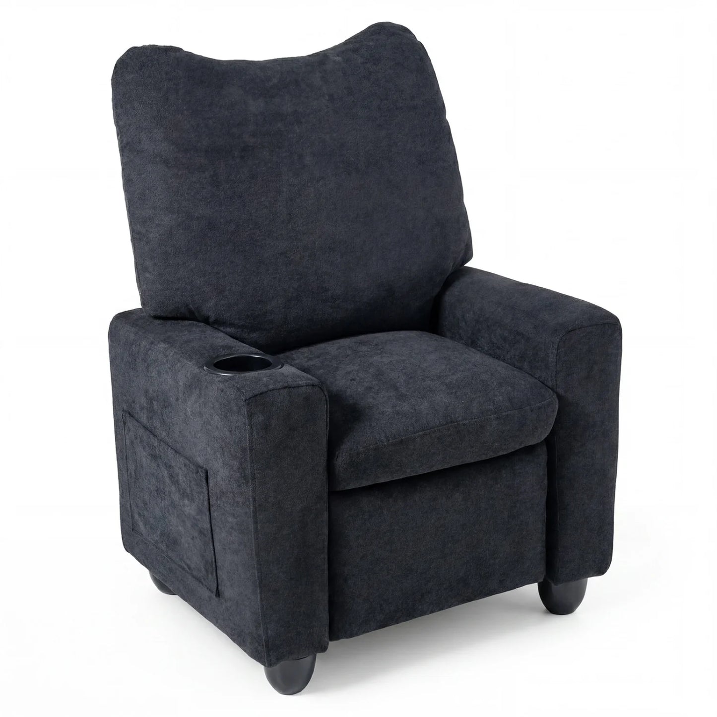 Black kids recliner toddler sofa with adjustable footrest and cup holder, designed for comfortable children's seating.
