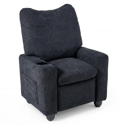 Black kids recliner toddler sofa with adjustable footrest and cup holder, designed for comfortable children's seating.