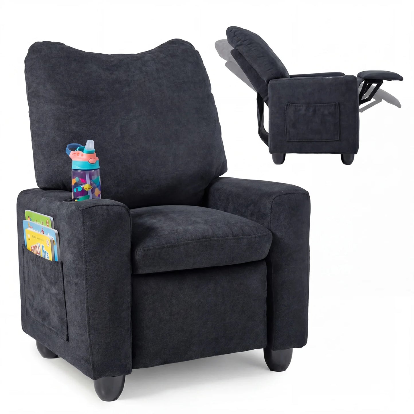 Black kids recliner sofa with adjustable footrest and cup holder, toddler-sized seating from Wilsons Home Store.