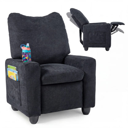 Black kids recliner sofa with adjustable footrest and cup holder, toddler-sized seating from Wilsons Home Store.