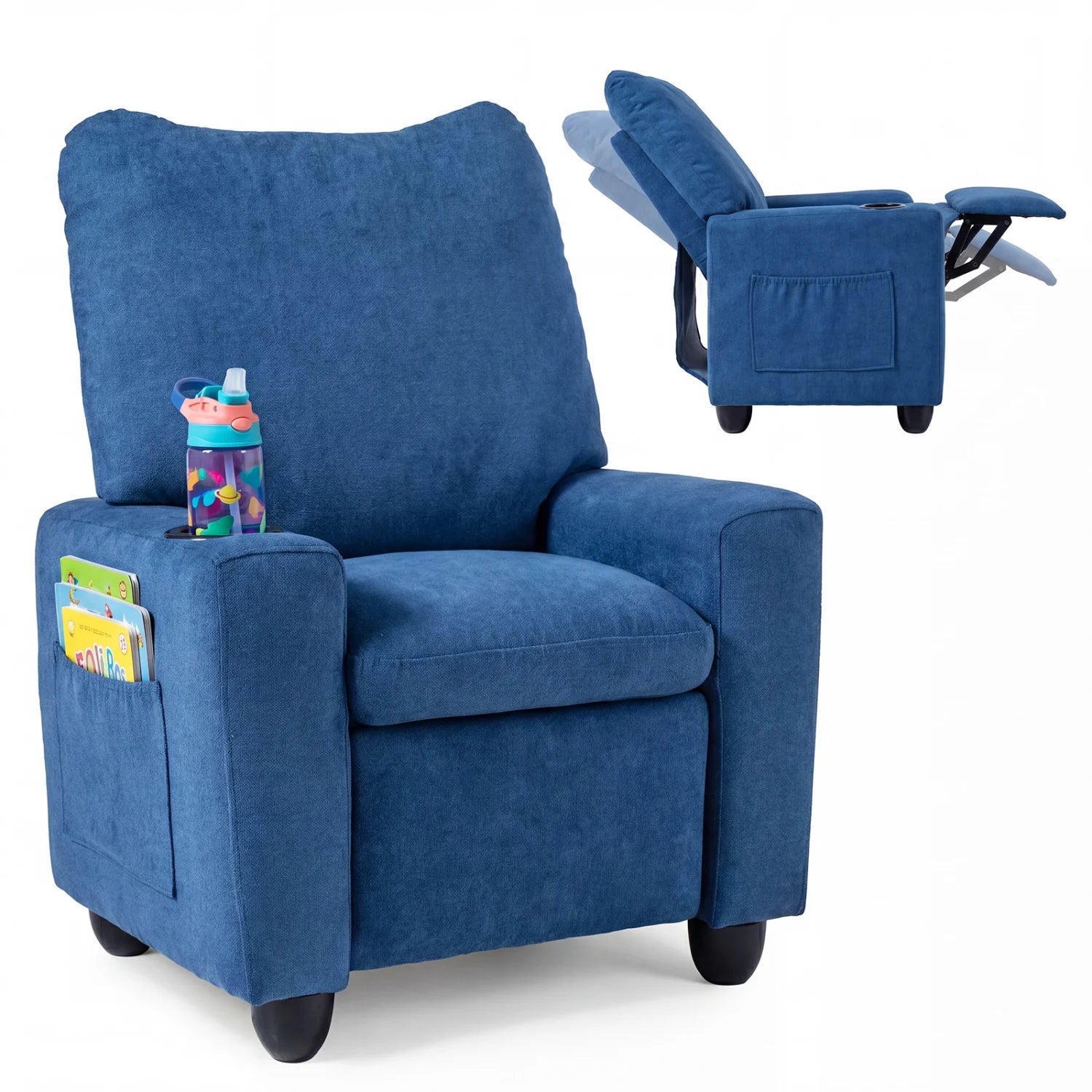 Black kids recliner toddler sofa with adjustable footrest and cup holder, designed for comfort and fun.