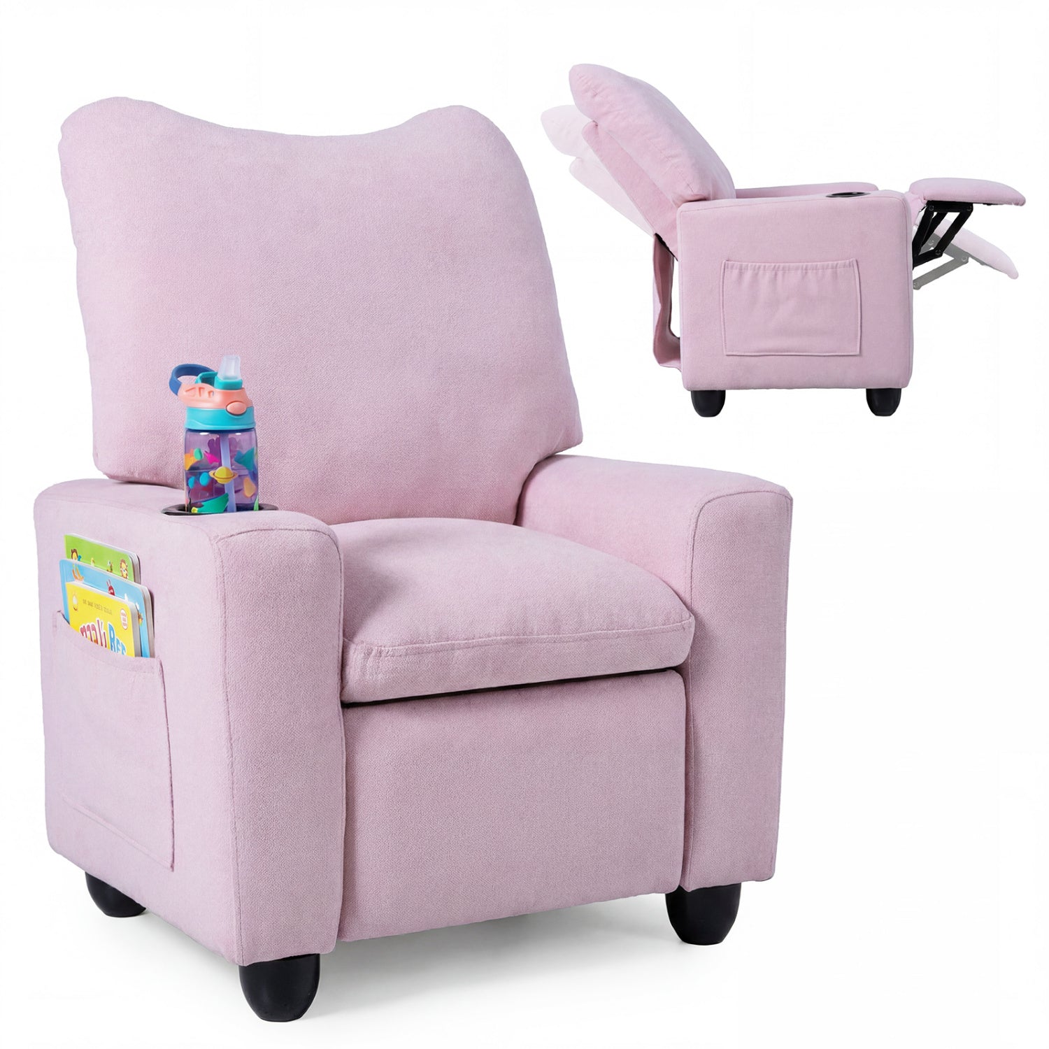 Black kids recliner chair with adjustable footrest and cup holder, designed for toddlers, made by Wilsons Home Store.