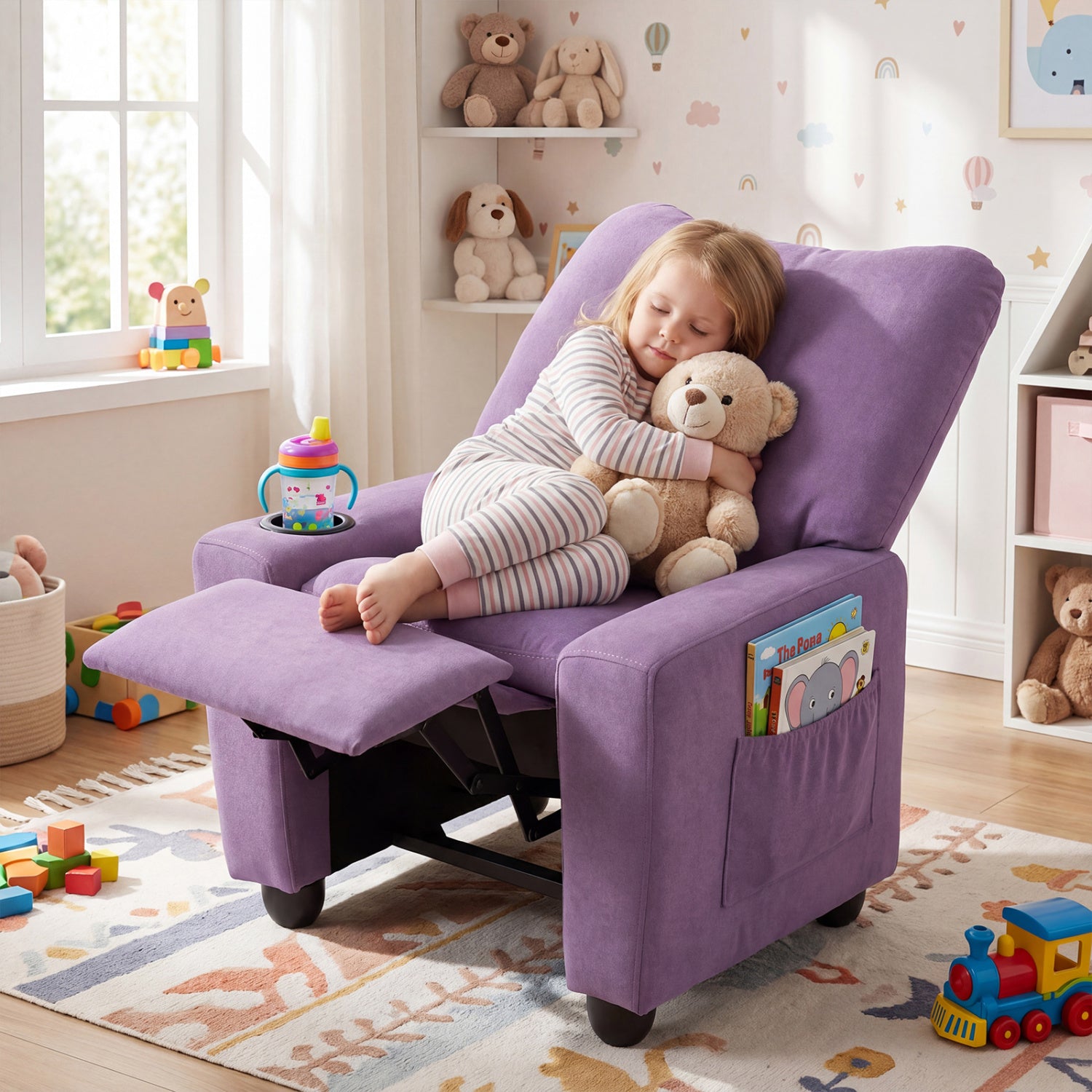 Black kids recliner toddler sofa with adjustable footrest and cup holder, featuring a cozy design for children's seating.