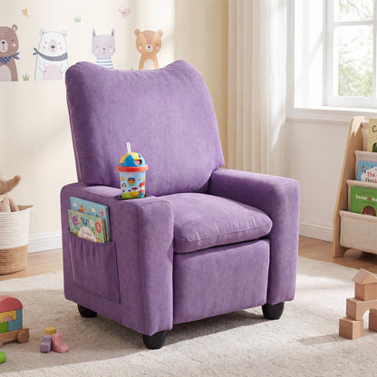 Black kids recliner chair with adjustable footrest and cup holder, designed for toddlers, featuring soft upholstery and kid-friendly comfort.