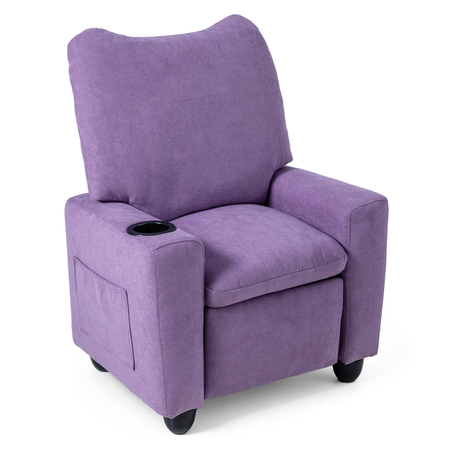 Black kids recliner toddler sofa with adjustable footrest and cup holder, featuring soft upholstery and child-friendly design.