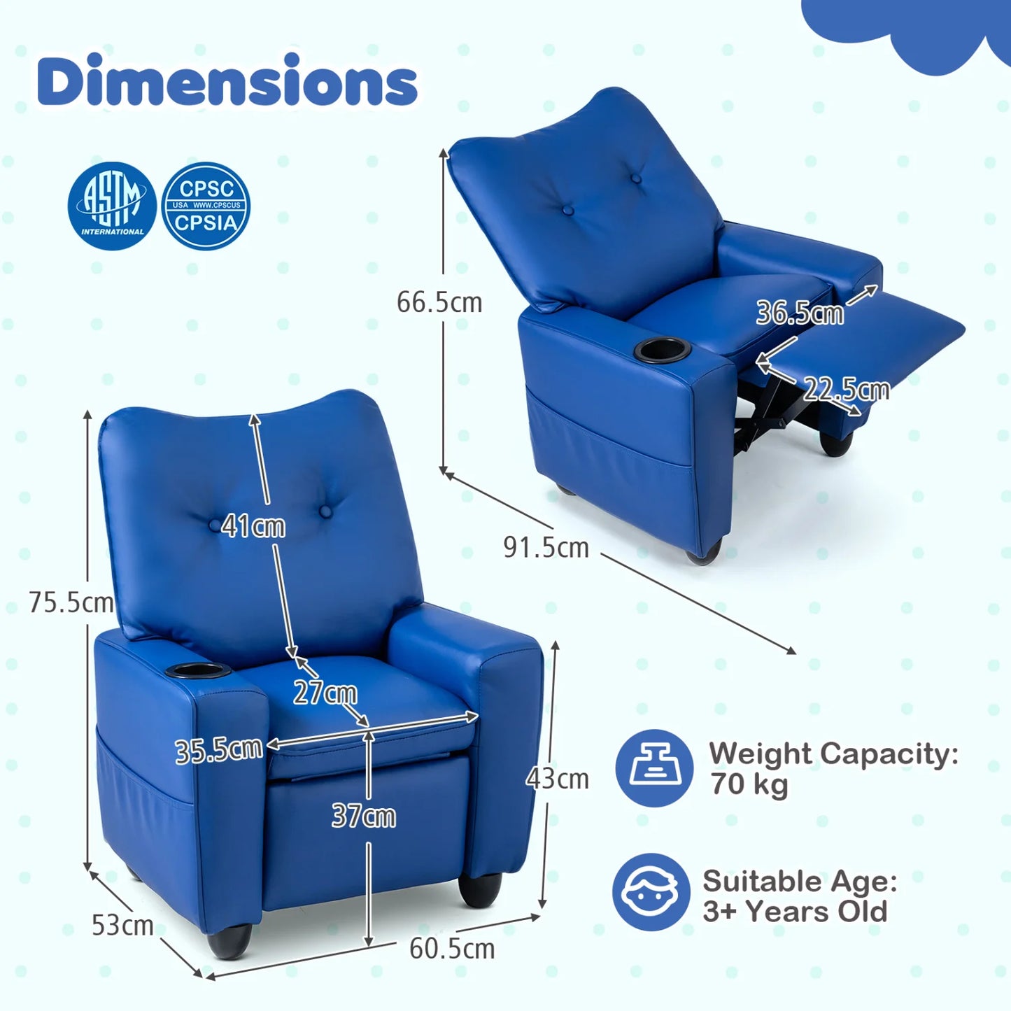 Kids Recliner with Cup Holder Armrests and Adjustable Backrest for Playroom-Black