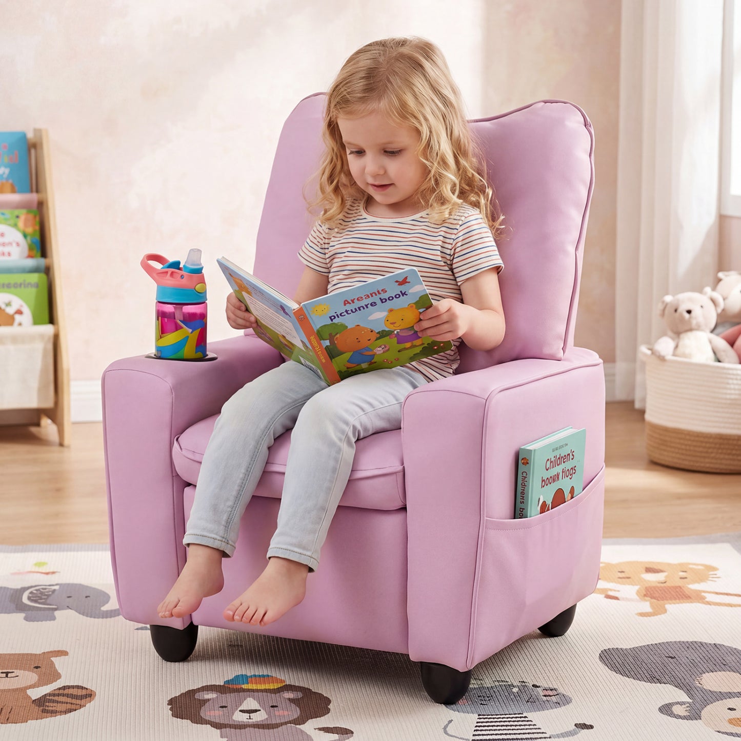 Kids Recliner with Cup Holder Armrests and Adjustable Backrest for Playroom-Black