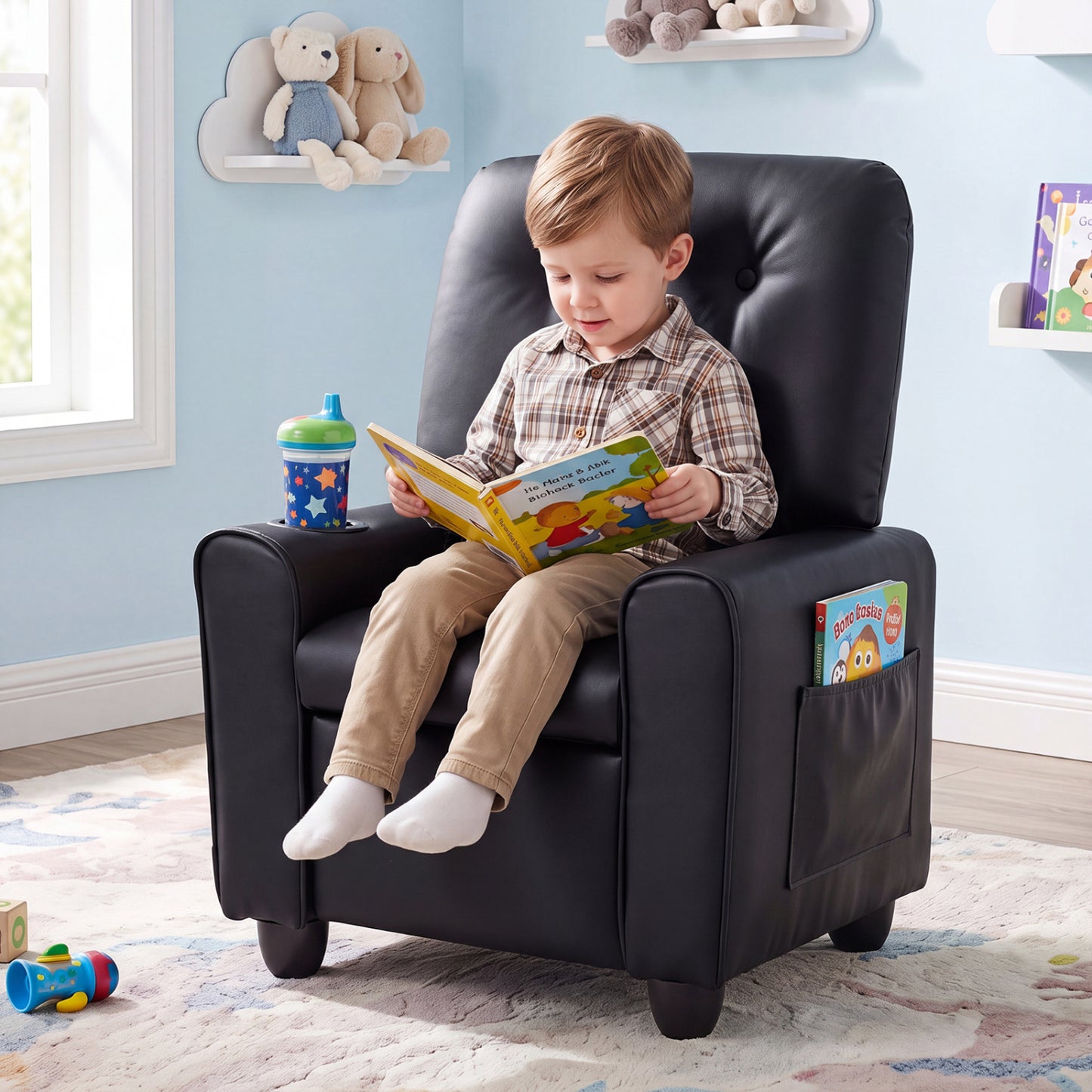 Kids Recliner with Cup Holder & Armrests and Adjustable Backrest Footrest-Black