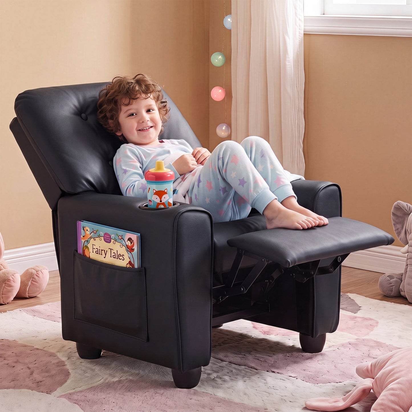 Kids Recliner with Cup Holder & Armrests and Adjustable Backrest Footrest-Black