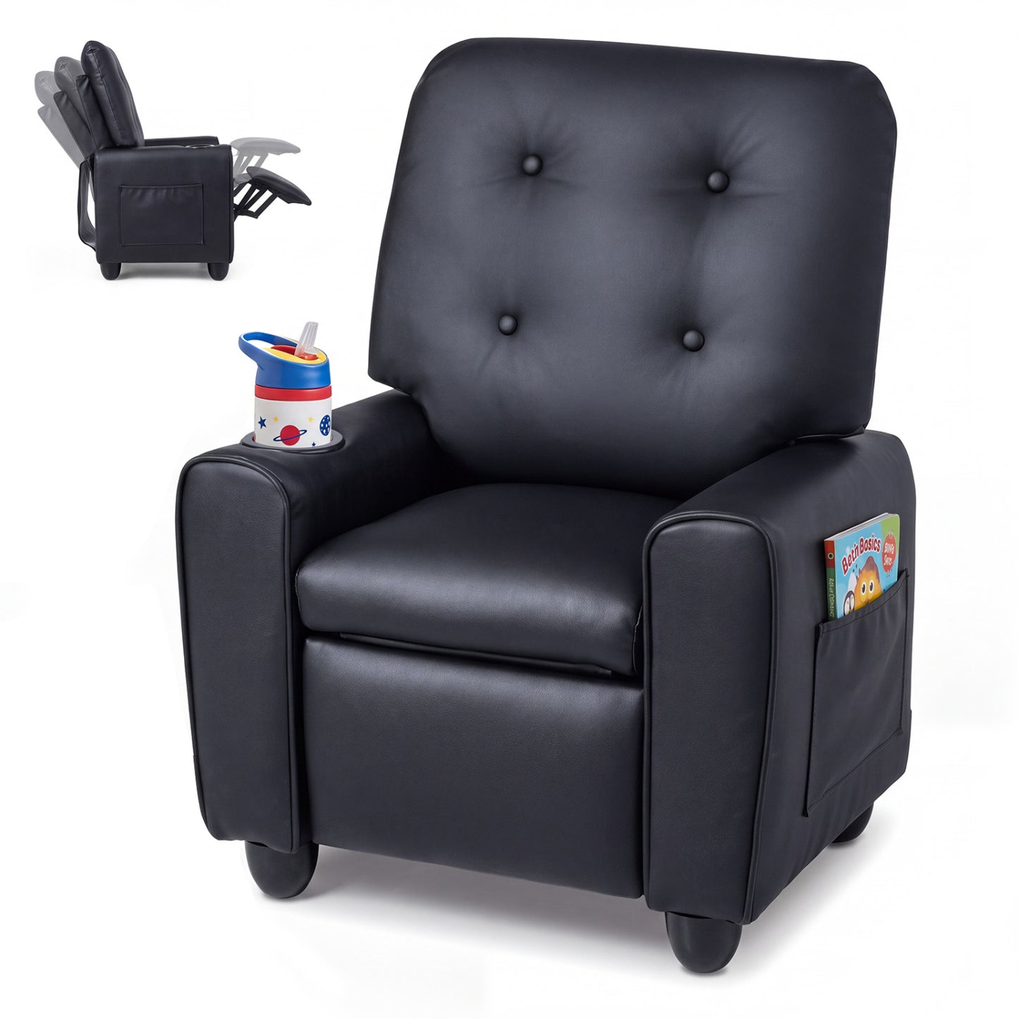 Kids Recliner with Cup Holder & Armrests and Adjustable Backrest Footrest-Black