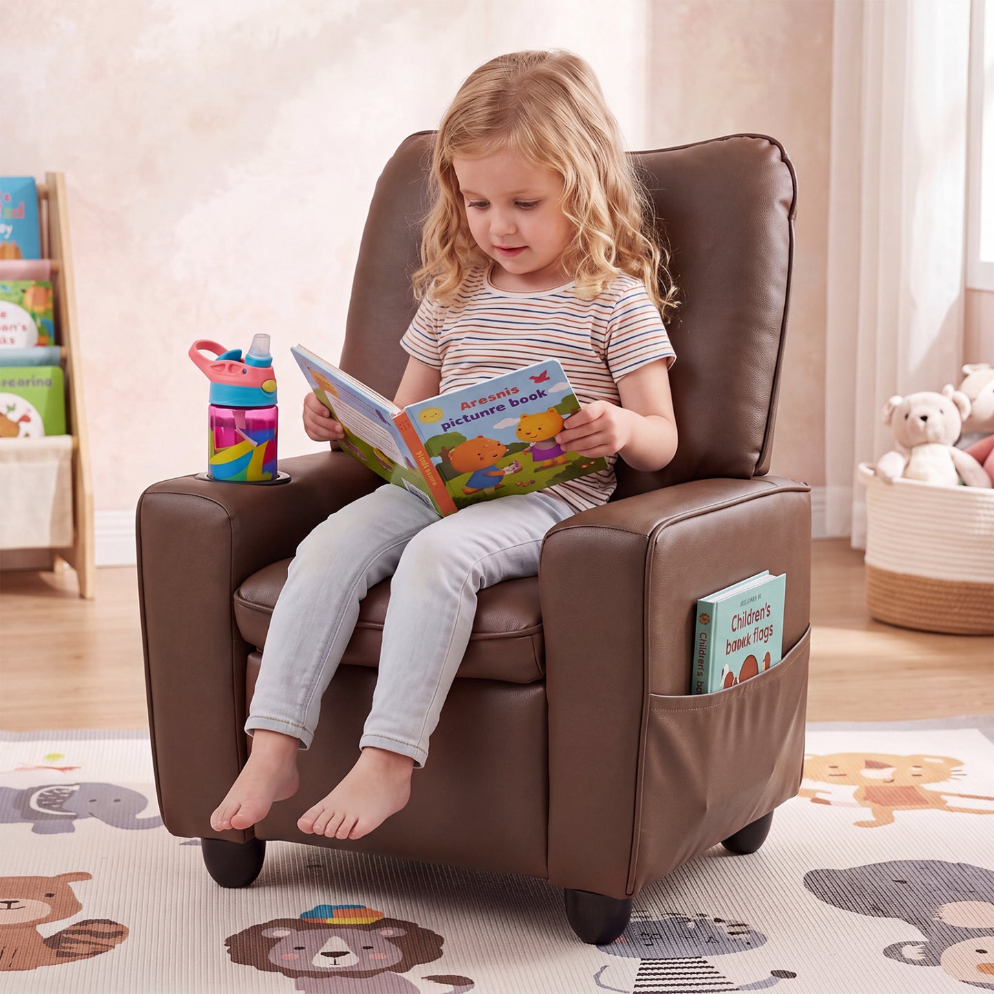 Kids Recliner with Cup Holder Armrests and Adjustable Backrest for Playroom-Black