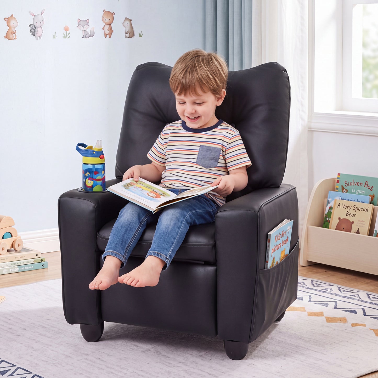 Kids Recliner with Cup Holder Armrests and Adjustable Backrest for Playroom-Black