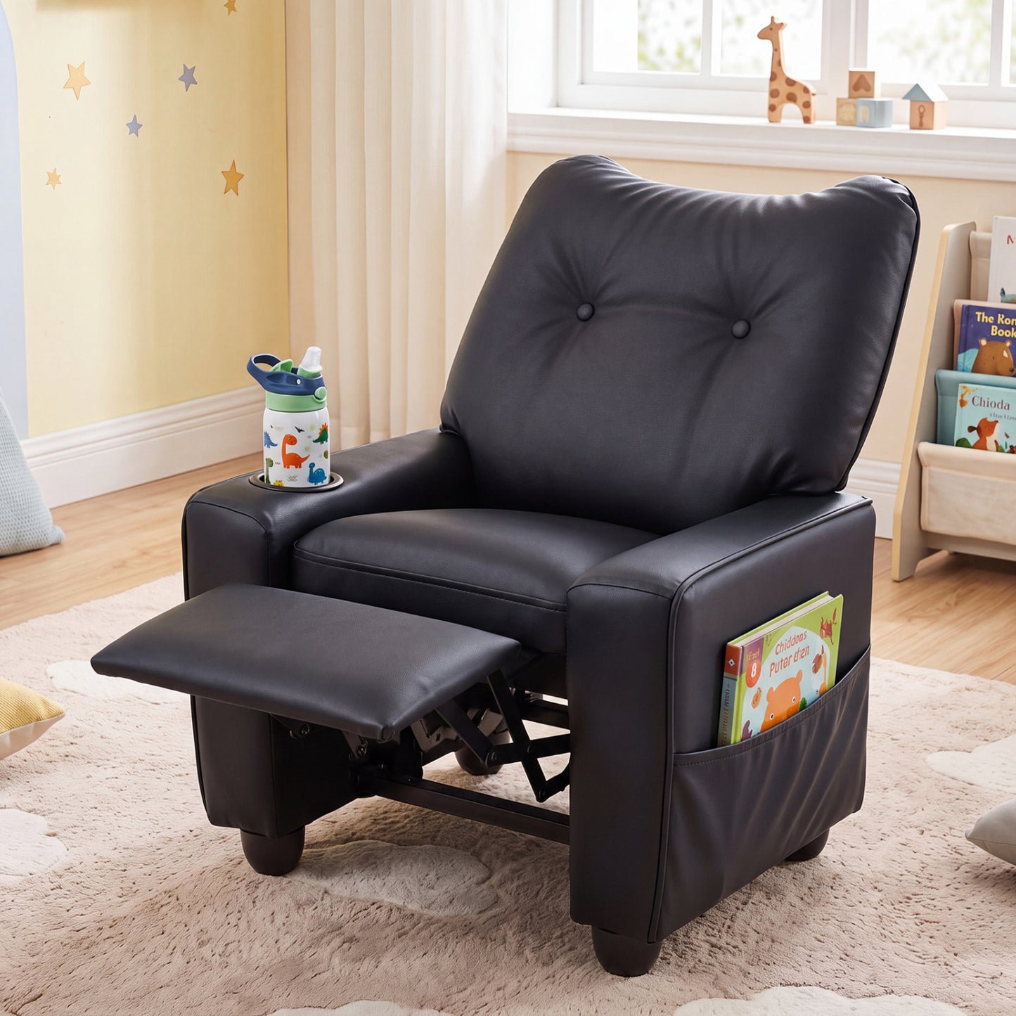 Kids Recliner with Cup Holder Armrests and Adjustable Backrest for Playroom-Black