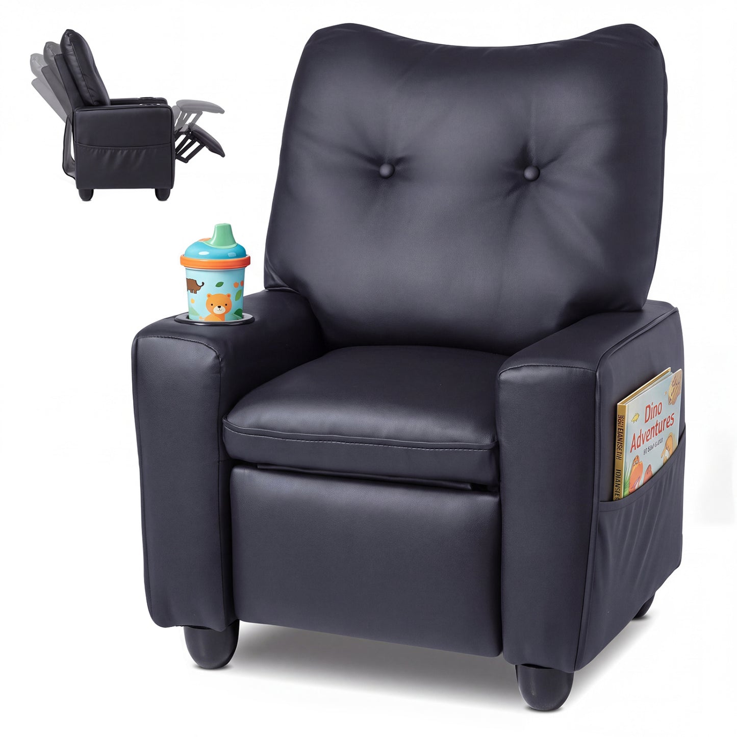 Kids Recliner with Cup Holder Armrests and Adjustable Backrest for Playroom-Black