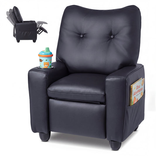 Black kids recliner chair with cup holder armrests and adjustable backrest, ideal for playroom seating for toddlers and kids.