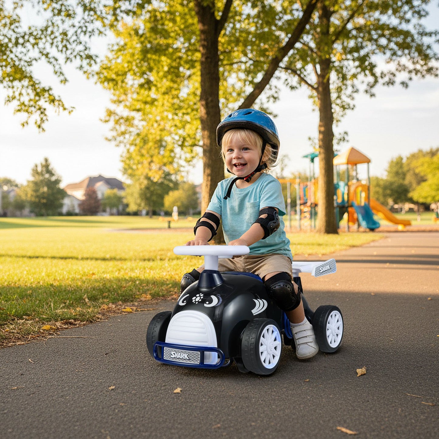 Kids Ride On Car Sliding Toy with Music and Under-Seat Storage-Black & Blue