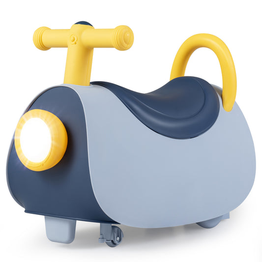 Blue kids ride-on push car with headlight, music, and under-seat storage for children aged 18-36 months, from Wilsons Home Store.
