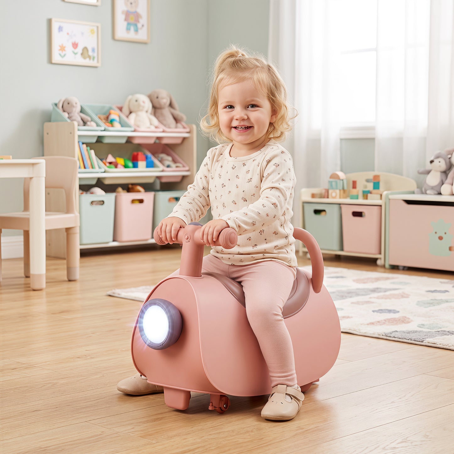 Kids Ride On Push Car with Headlight Music & Under Seat Storage for 18-36 Months-Blue