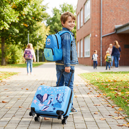 Kids Ride-on Suitcase and Backpack Set with Lanyard for Travel-Blue